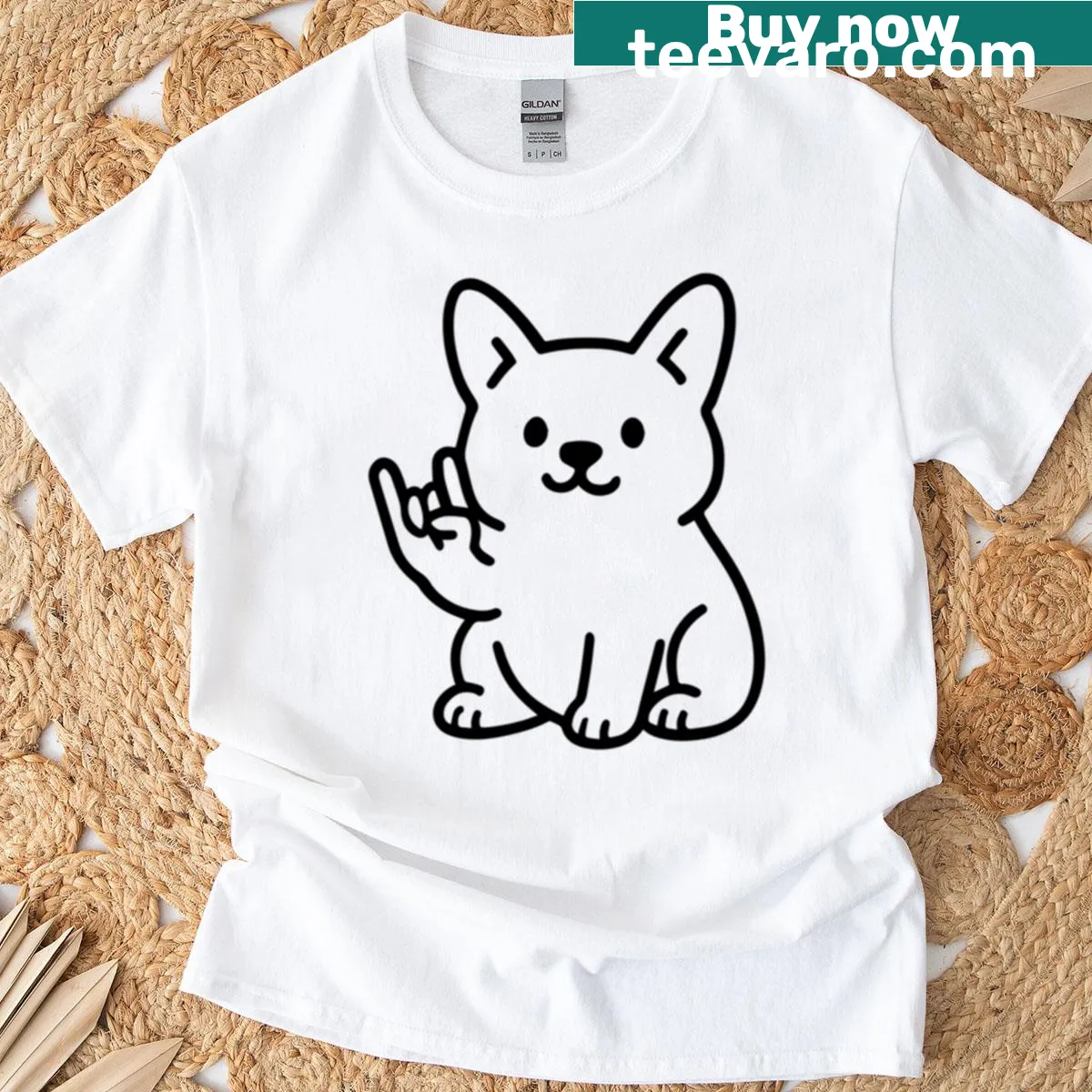 Illustrated corgi playing guitar in a rock pose — on a men's t-shirt