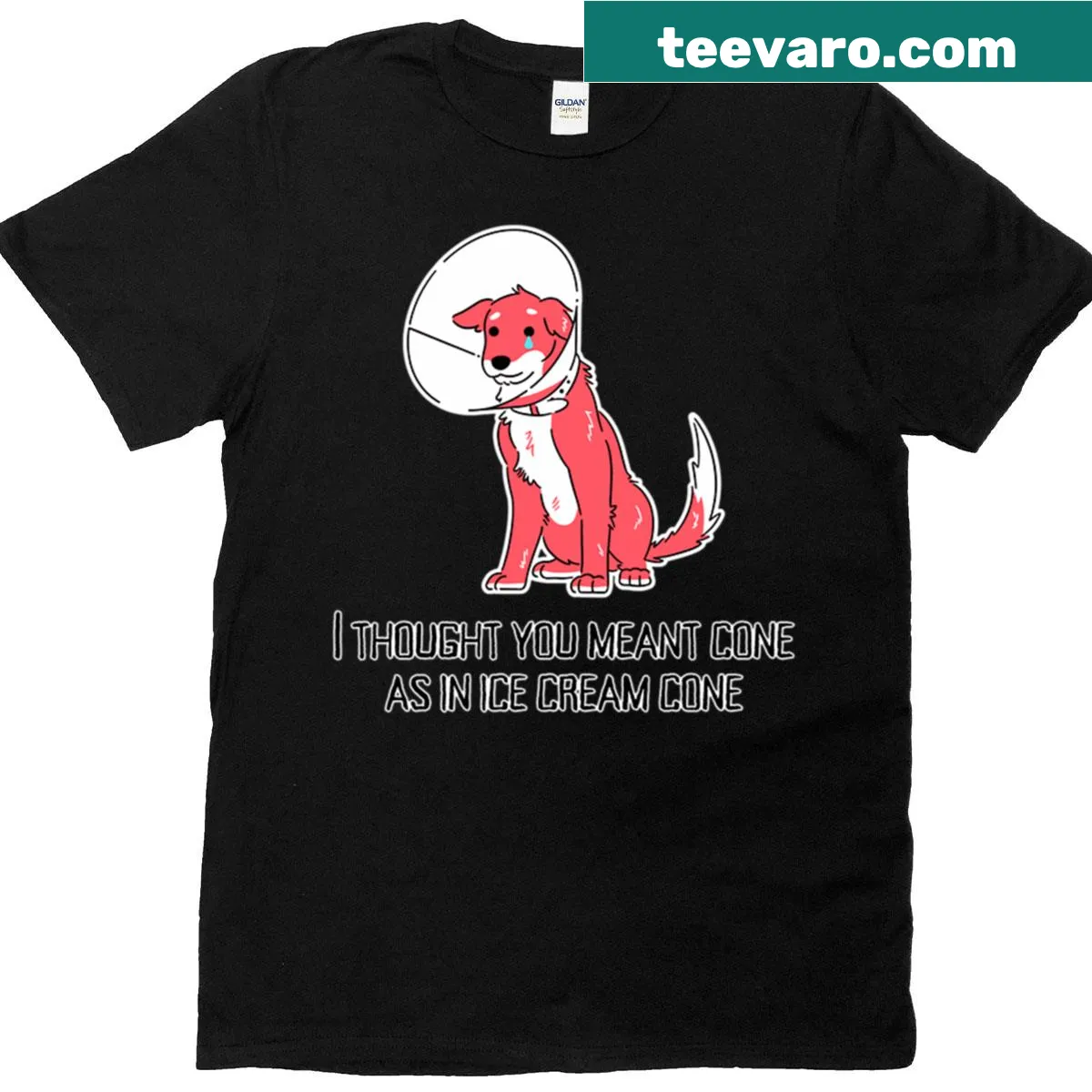 Graphic T-shirt featuring a sad dog in a cone collar — on a men's t-shirt