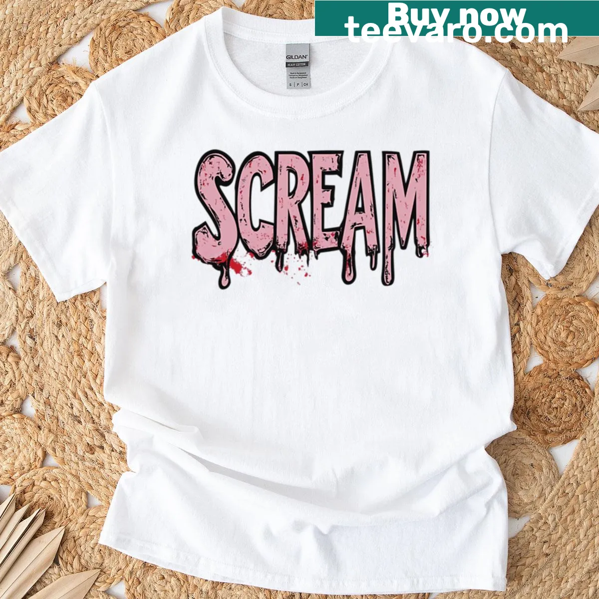 Playful abstract typography graphic t-shirt with drip effect — on a men's t-shirt