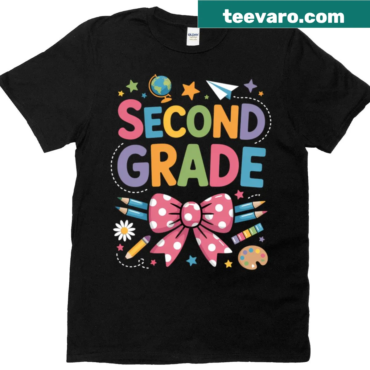Cute second grade teacher T-shirt featuring a bow illustration — on a men's t-shirt