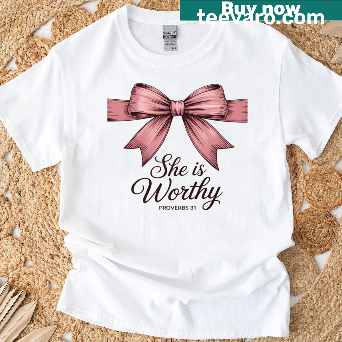 T-shirt featuring the Proverbs 31 verse 'She Is Worthy' in elegant typography — on a men's t-shirt