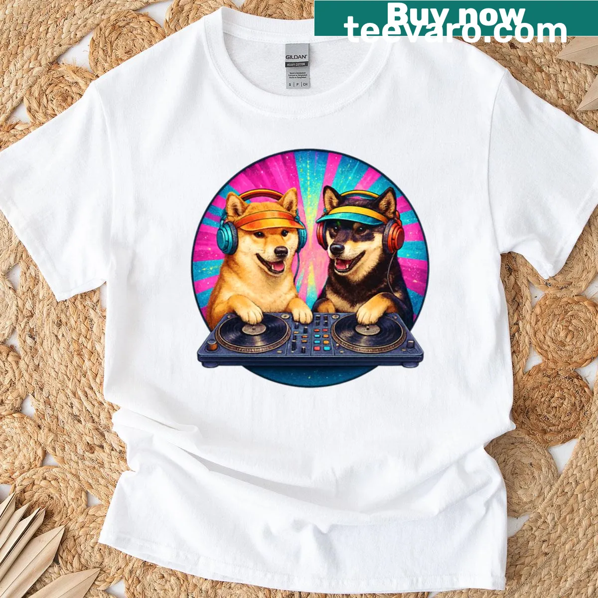 Retro Shiba Inu DJ T-shirt with playful graphic — on a men's t-shirt