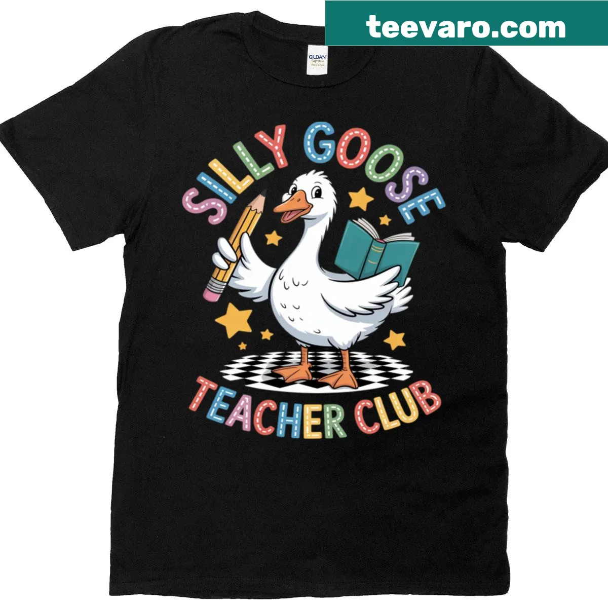 Cartoon t-shirt with a silly goose for teachers — on a men's t-shirt