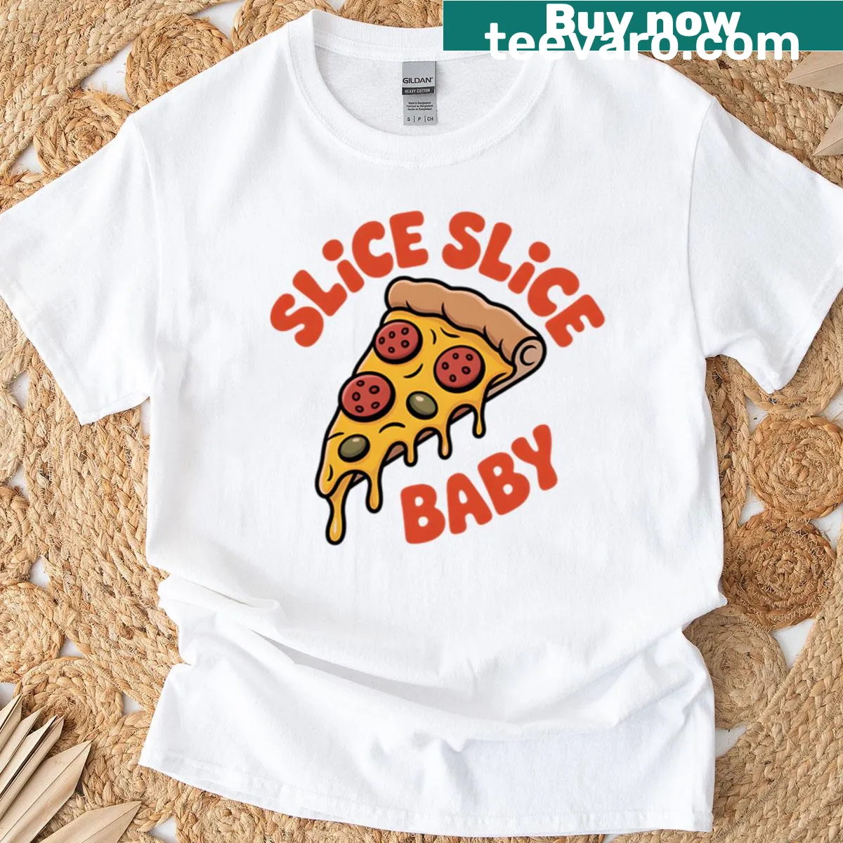 Funny pizza pun T-shirt with Slice Slice Baby text — on a men's t-shirt