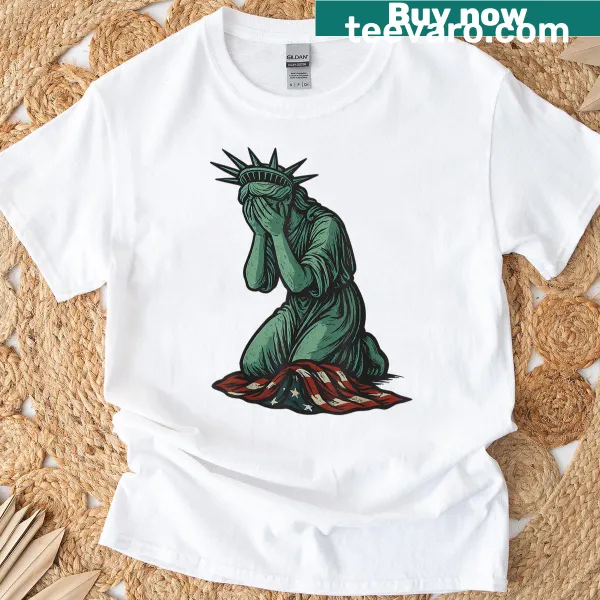 Illustration of a crying Statue of Liberty with the US flag