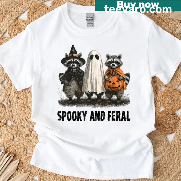 Cute T-shirt featuring a ghost raccoon in a witch costume