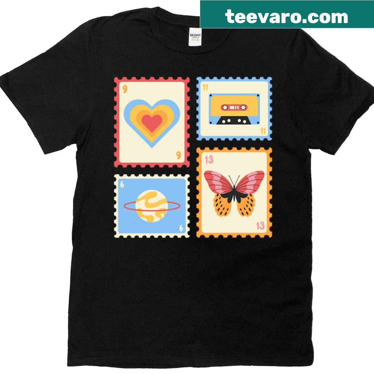 Creative T-shirt featuring stamps and whimsical designs — on a men's t-shirt