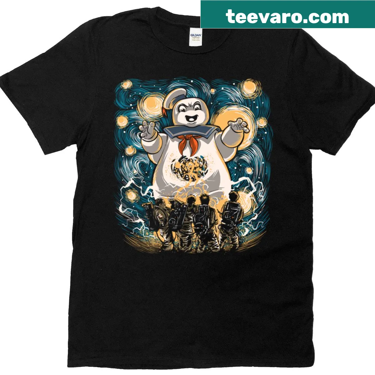 Illustrative T-shirt featuring whimsical starry designs — on a men's t-shirt