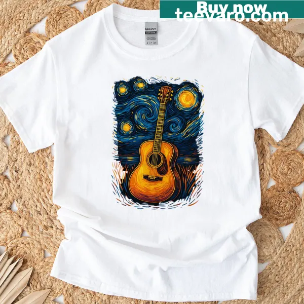 Starry Night themed acoustic guitar illustration T-shirt