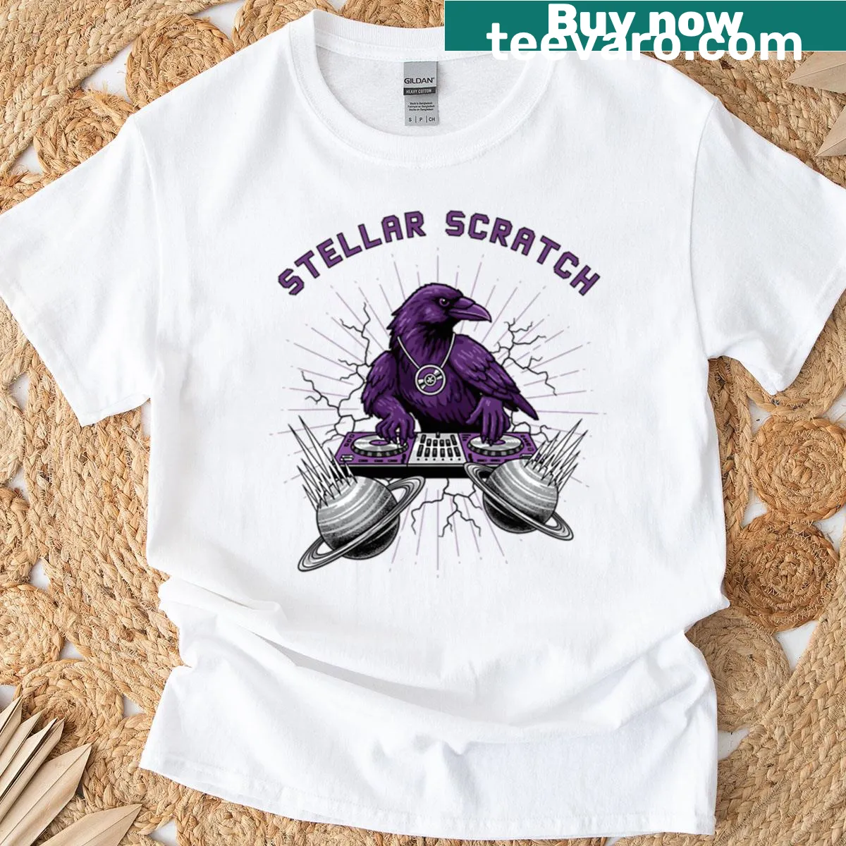 Retro DJ raven design on a cosmic groove T-shirt — on a men's t-shirt