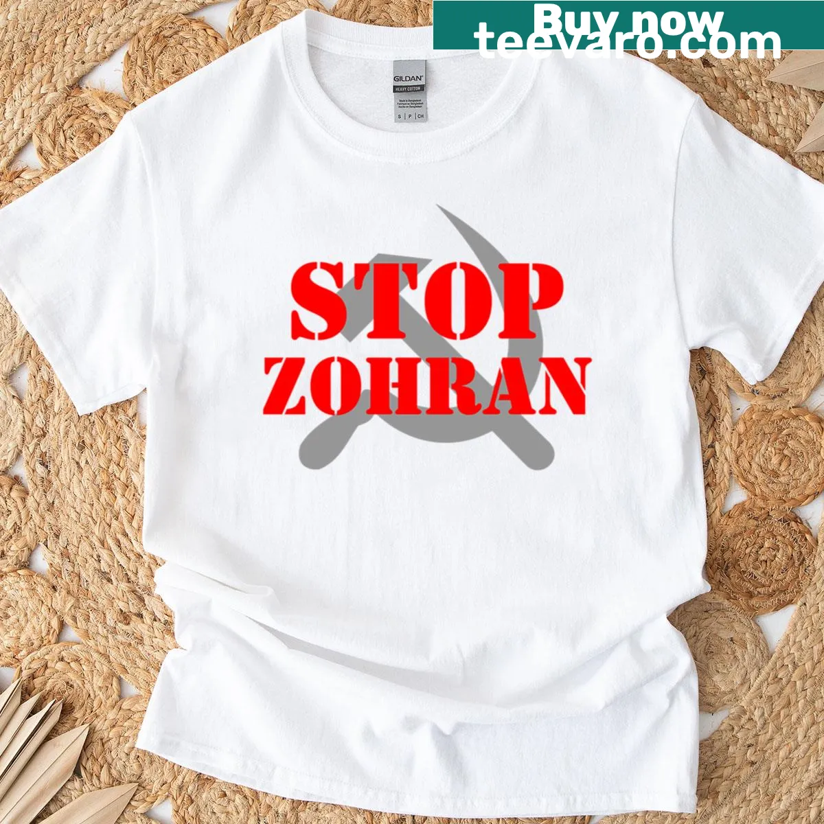 Political protest tee with 'Stop Zohran' text — on a men's t-shirt
