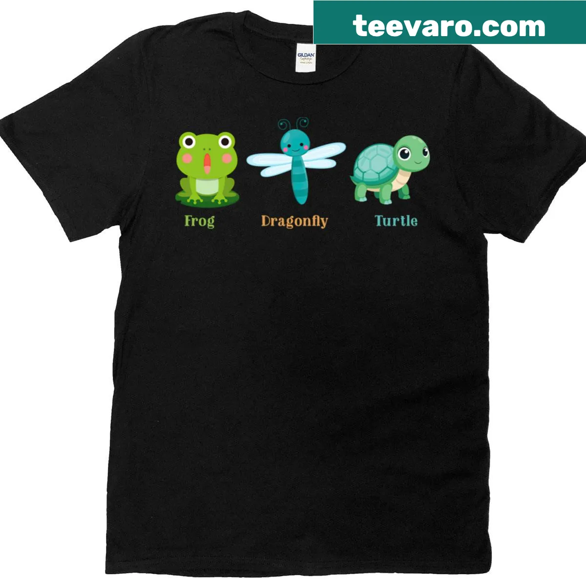 Whimsical political humor T-shirt featuring a frog, dragonfly, and turtle — on a men's t-shirt