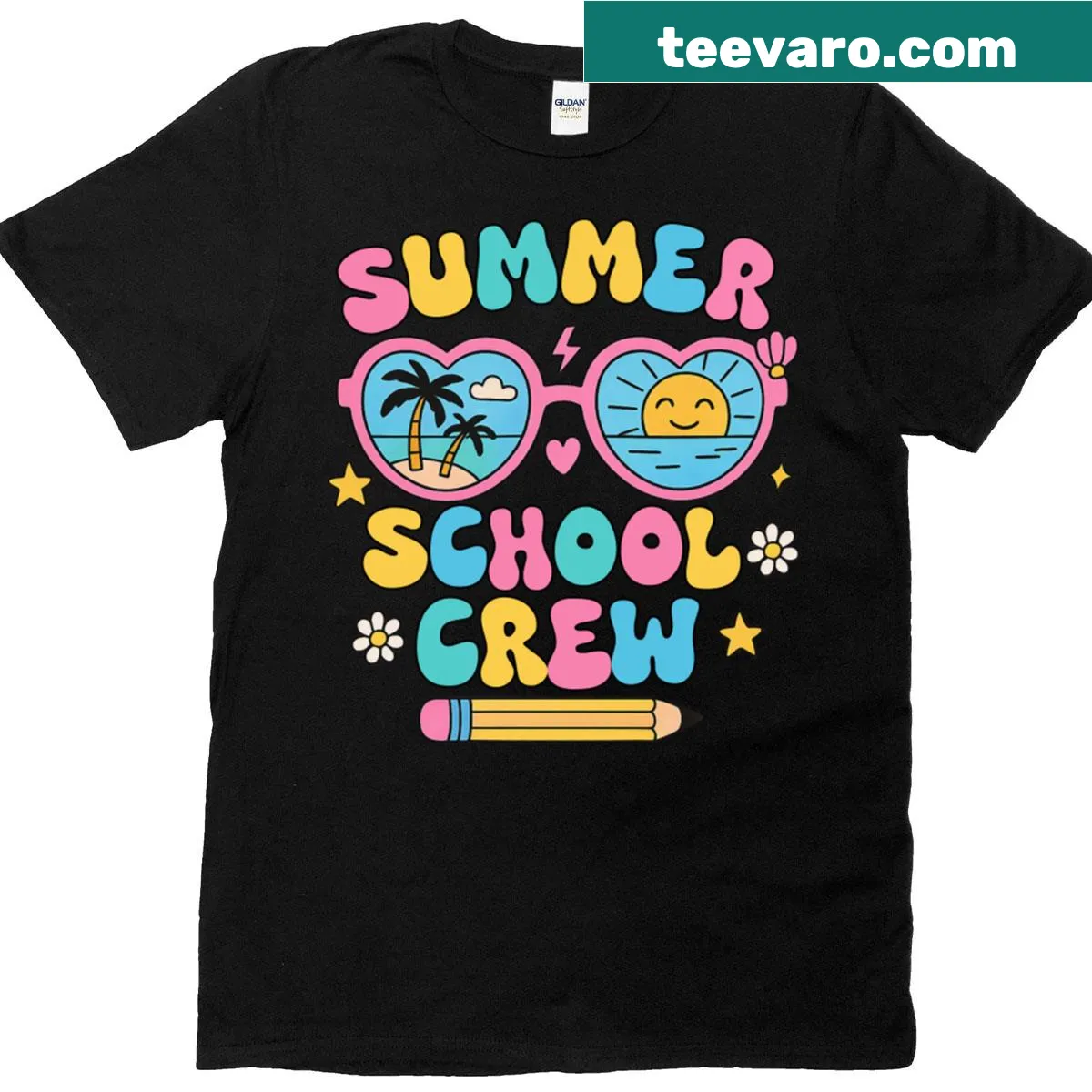 Cute retro graphic depicting beach and classroom vibes — on a men's t-shirt
