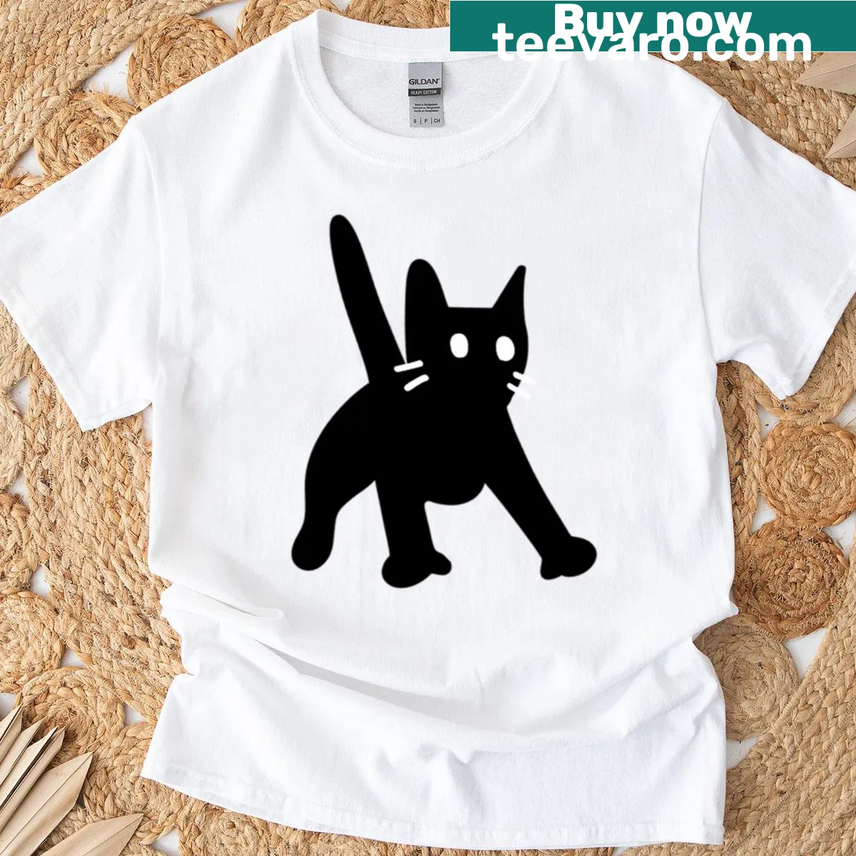 T-shirt with a cartoon cat and the word 'Surprise!' — on a men's t-shirt