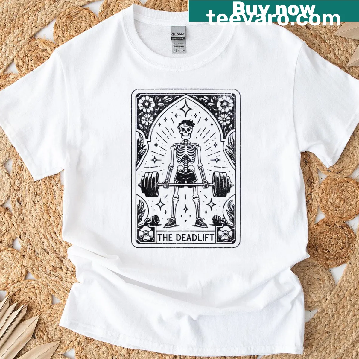 T-shirt with tarot card designs and humorous workout captions — on a men's t-shirt