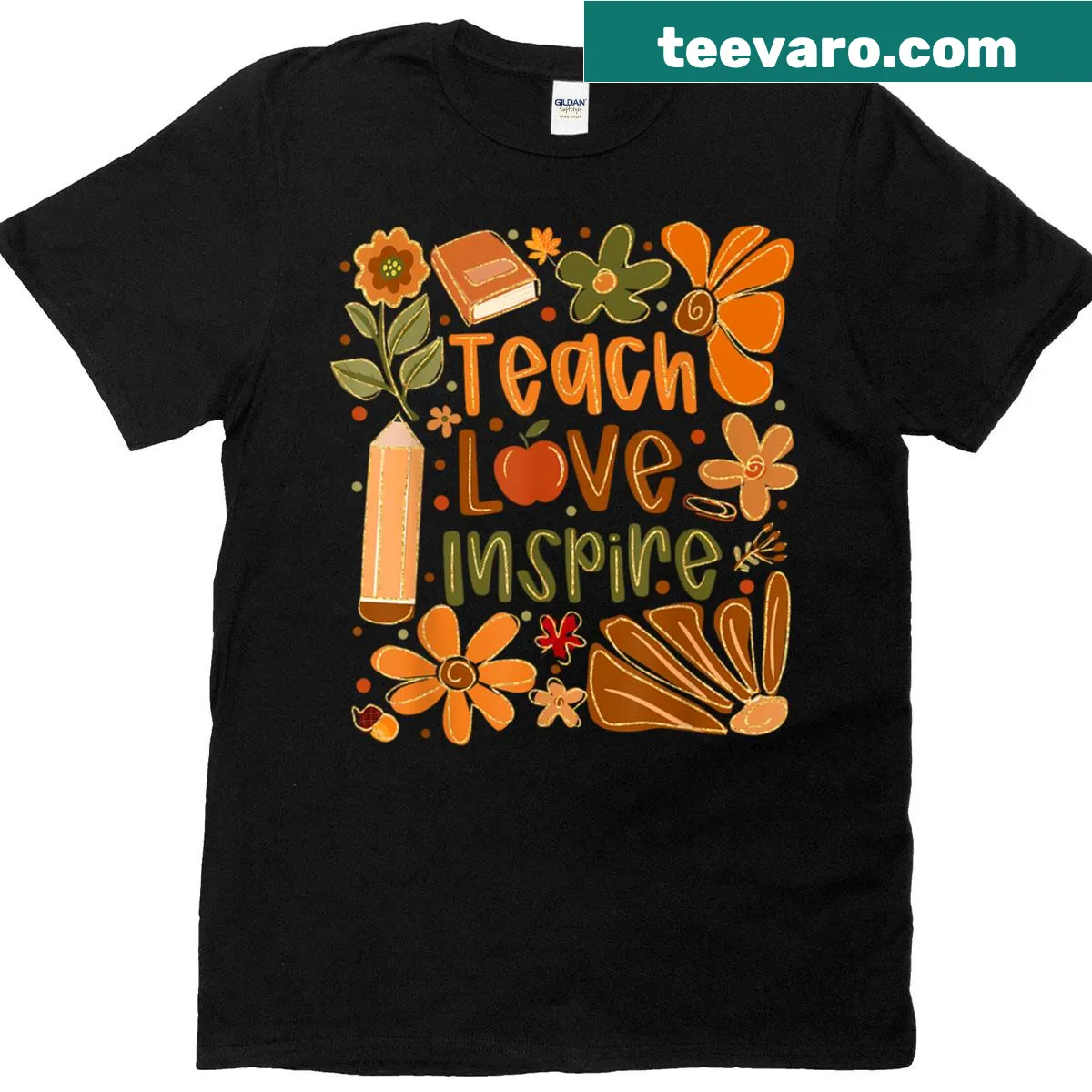 Vintage distressed T-shirt featuring 'Teach Love Inspire' with fall leaves — on a men's t-shirt