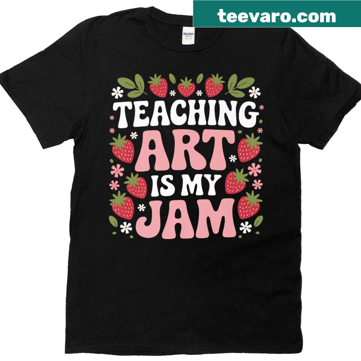 Funny retro T-shirt for art teachers featuring a strawberry and 'Teaching Art Is My Jam' — on a men's t-shirt