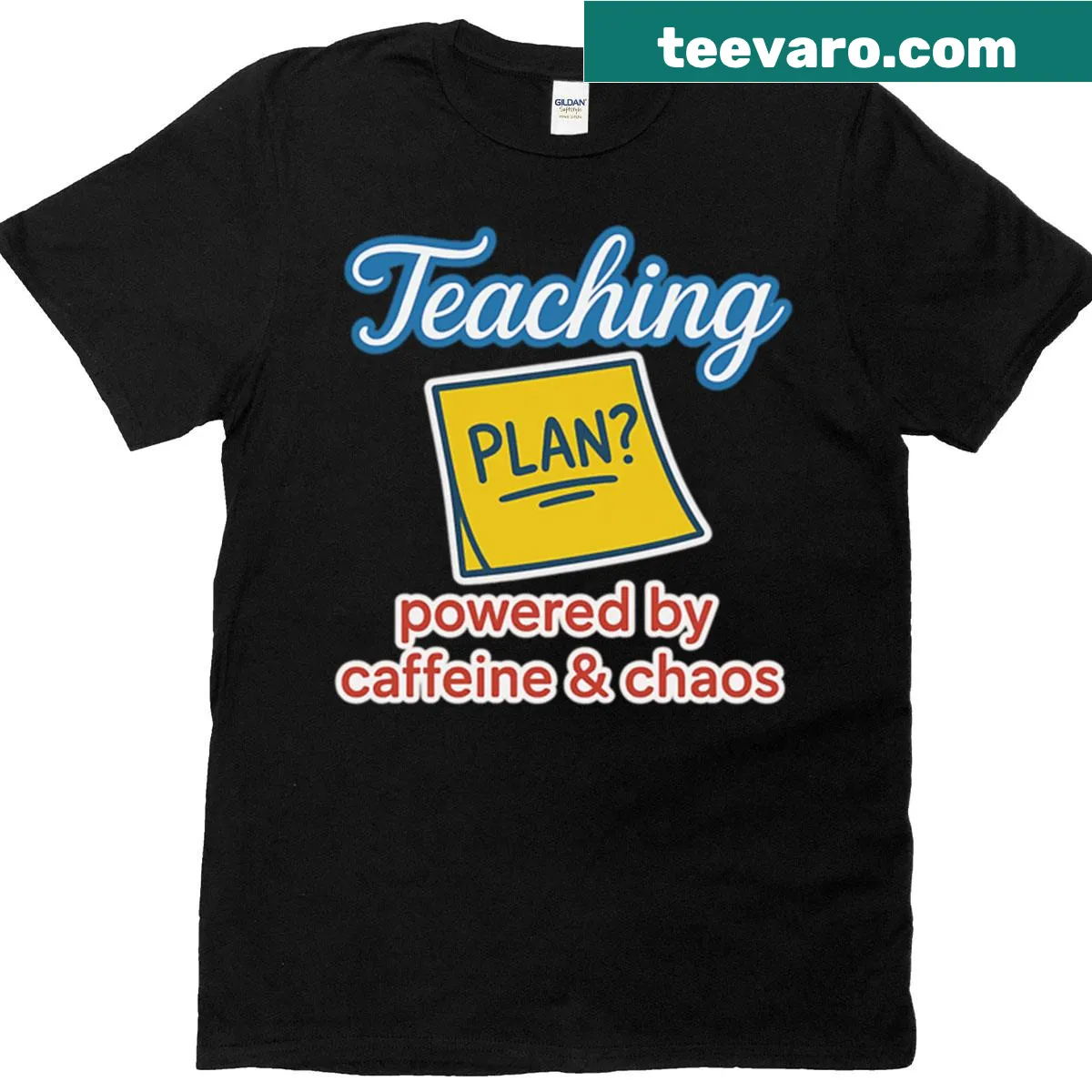 Funny oversized T-shirt for teachers featuring a caffeine and chaos quote — on a men's t-shirt