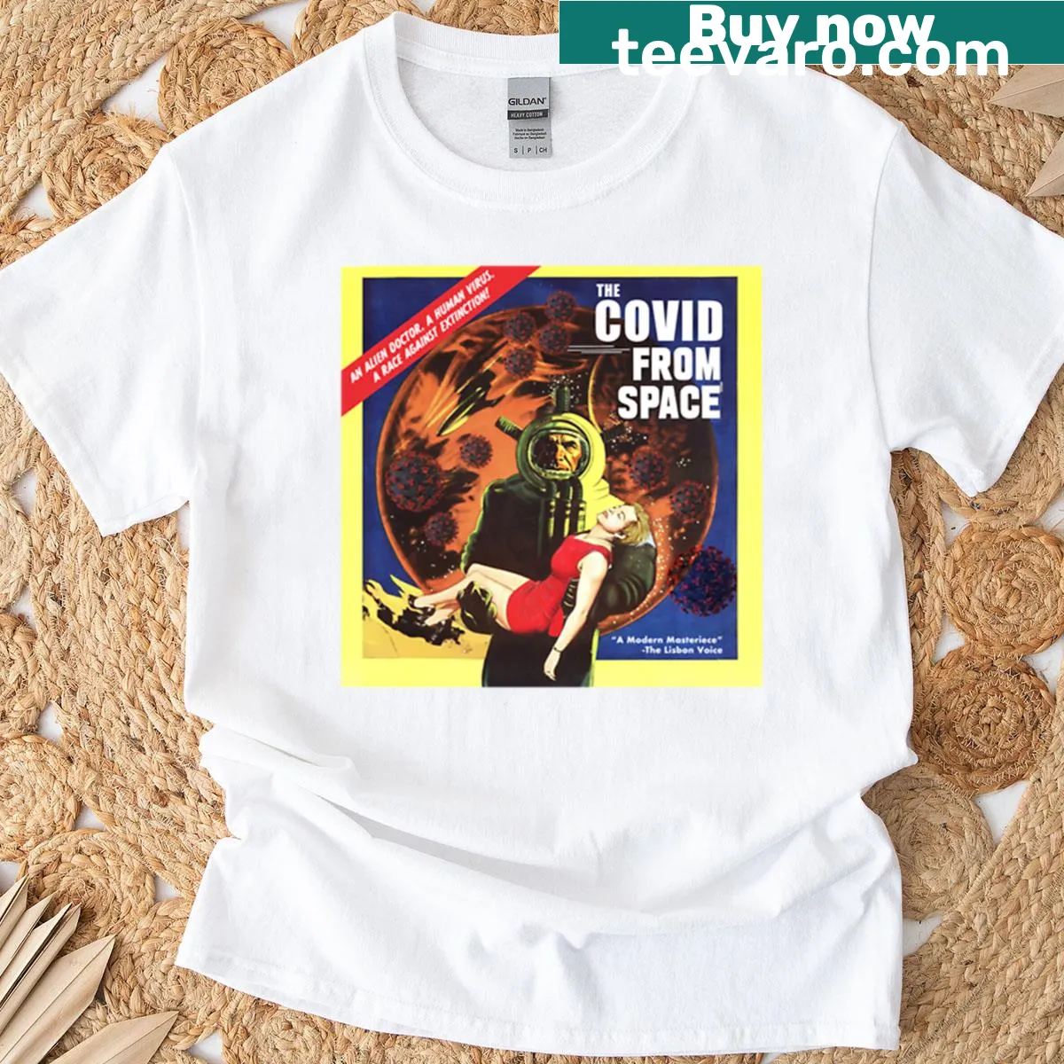 Funny T-shirt featuring the phrase about Covid with whimsical typography — on a men's t-shirt
