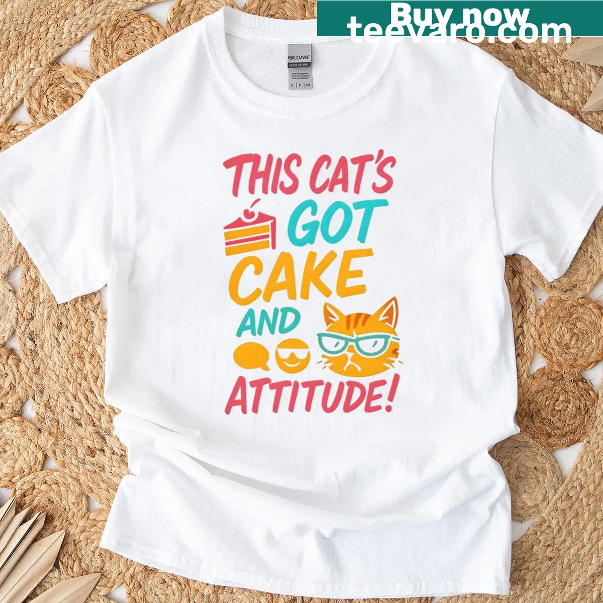 Oversized t-shirt featuring a humorous phrase about cats with cake and attitude — on a men's t-shirt