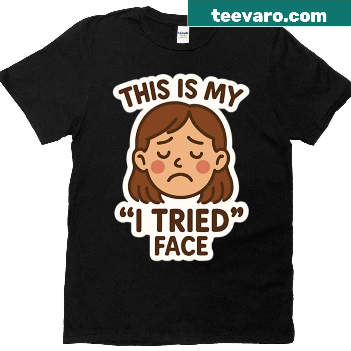 Cartoon face expressing 'I Tried' sentiment on humorous T-shirt — on a men's t-shirt