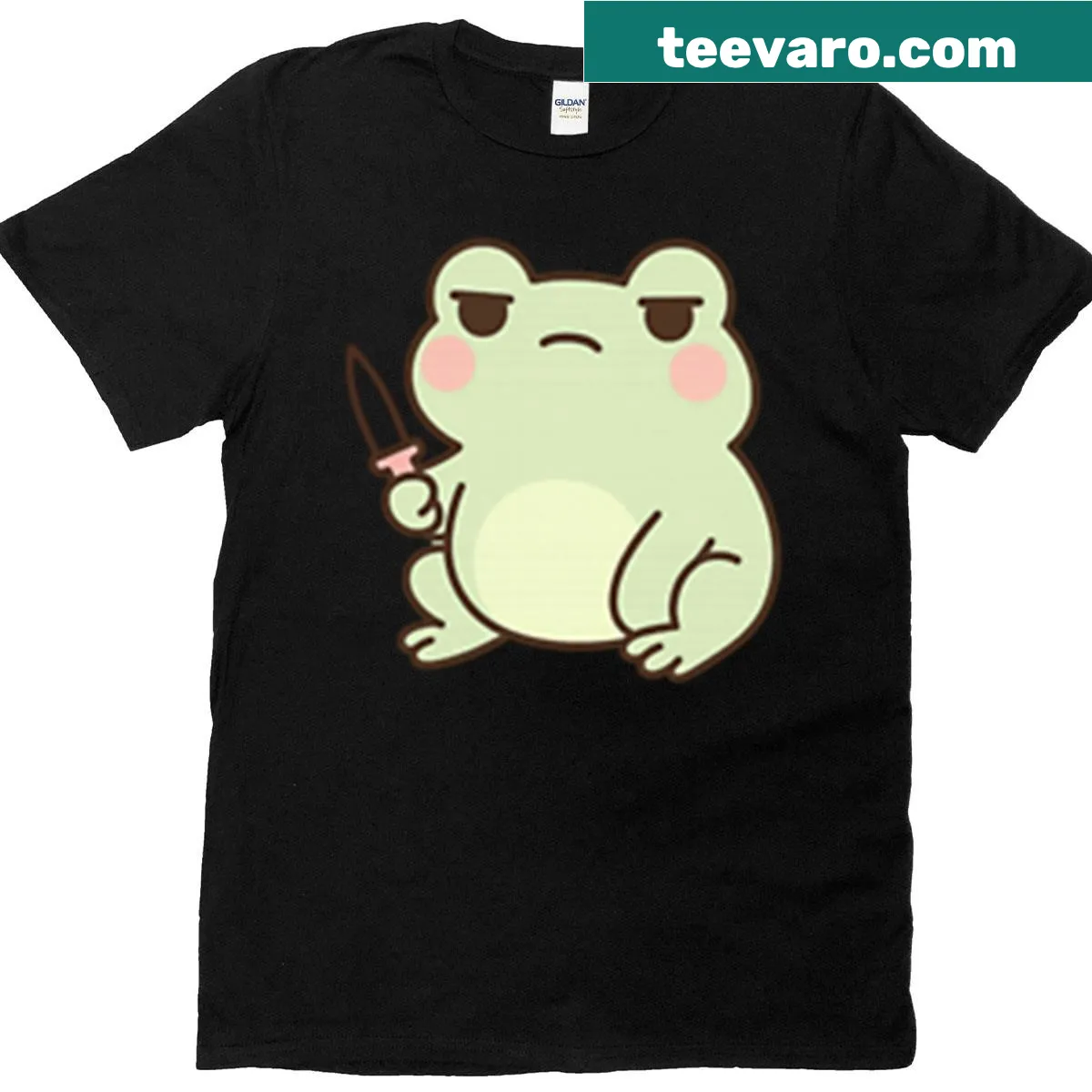 Kawaii tiny frog with a knife illustrated on a T-shirt — on a men's t-shirt