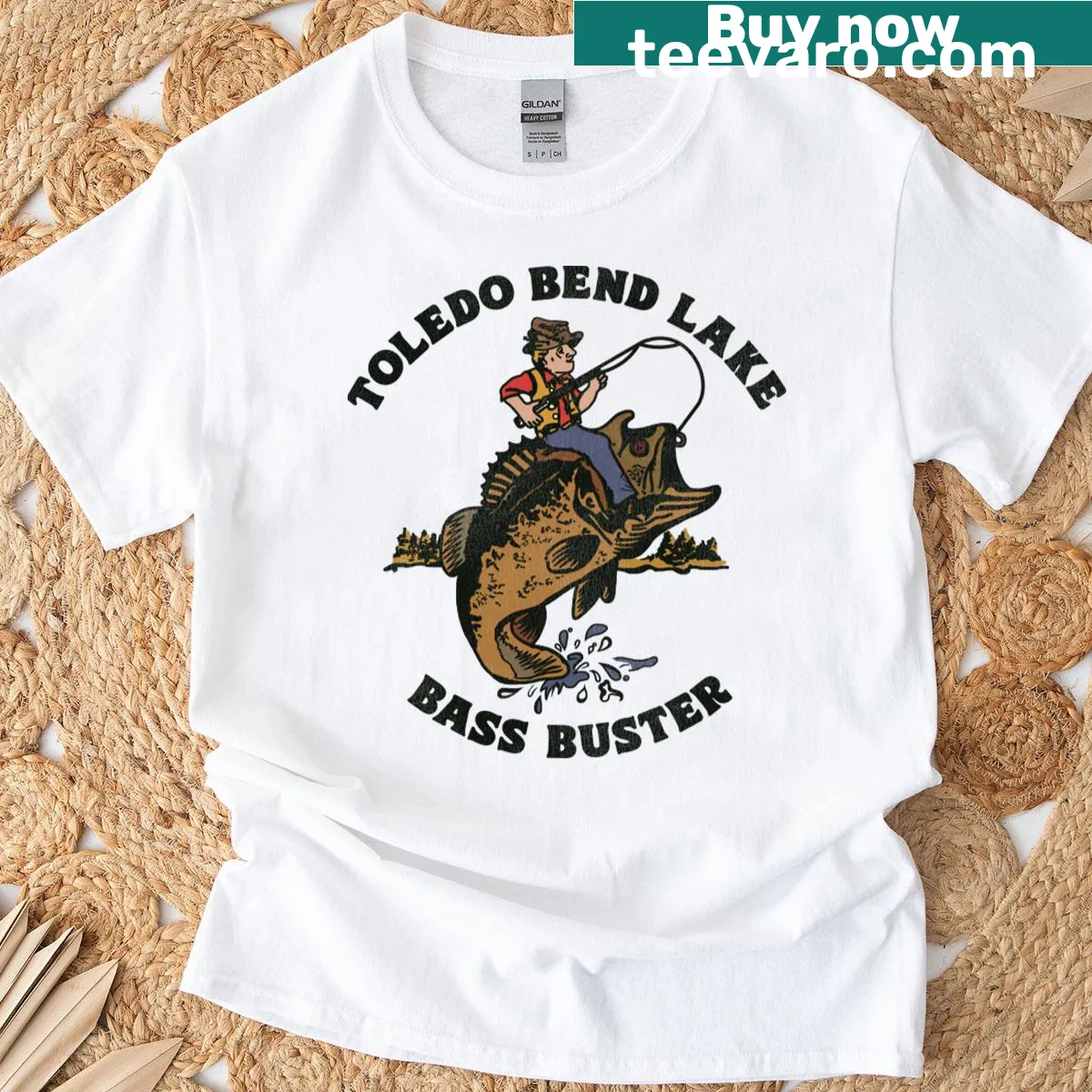 Retro fisherman T-shirt featuring Toledo Bend Lake bass design — on a men's t-shirt