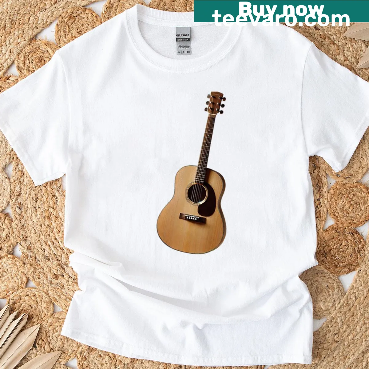 Vintage acoustic guitar graphic t-shirt — on a men's t-shirt