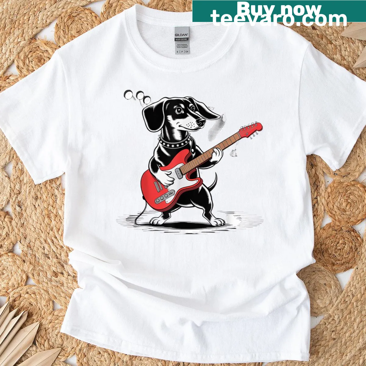 Cartoon dachshund playing guitar on a vintage-style t-shirt. — on a men's t-shirt