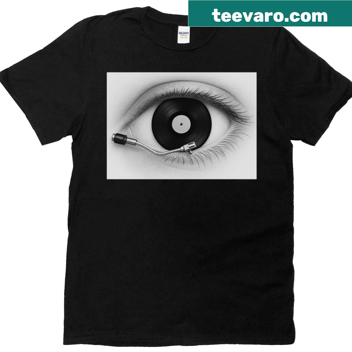Surreal eye and turntable art t-shirt — on a men's t-shirt