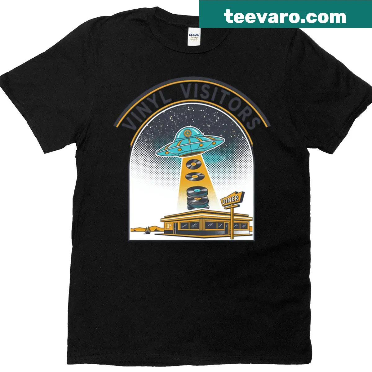 Retro UFO diner abduction art oversized t-shirt — on a men's t-shirt