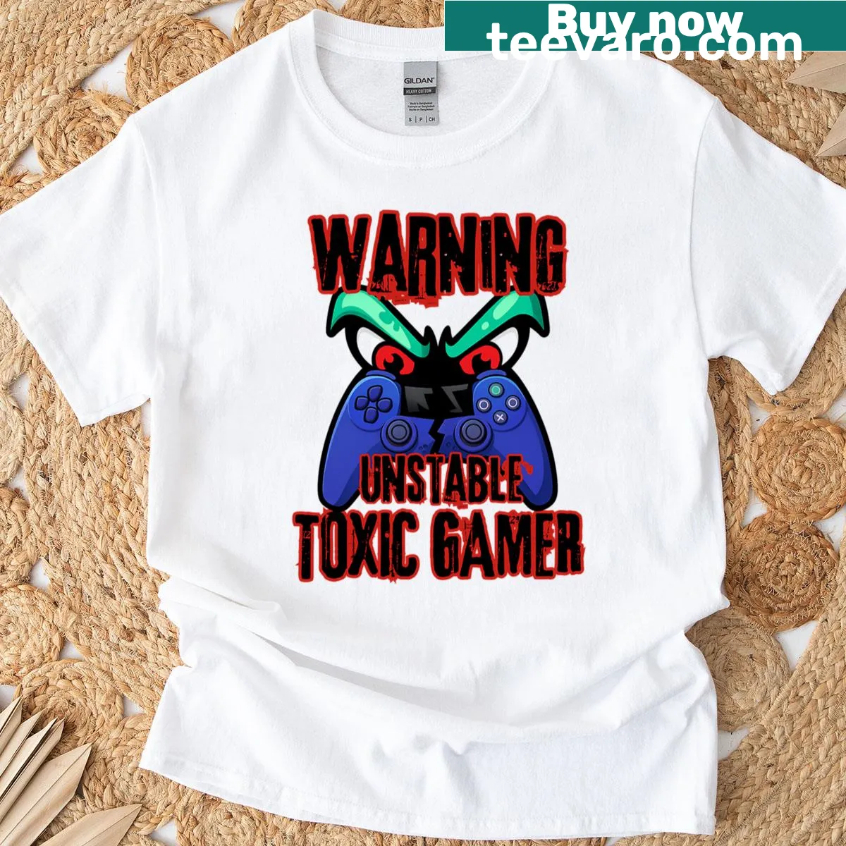Funny gaming tee with 'Unstable Toxic Gamer' warning — on a men's t-shirt