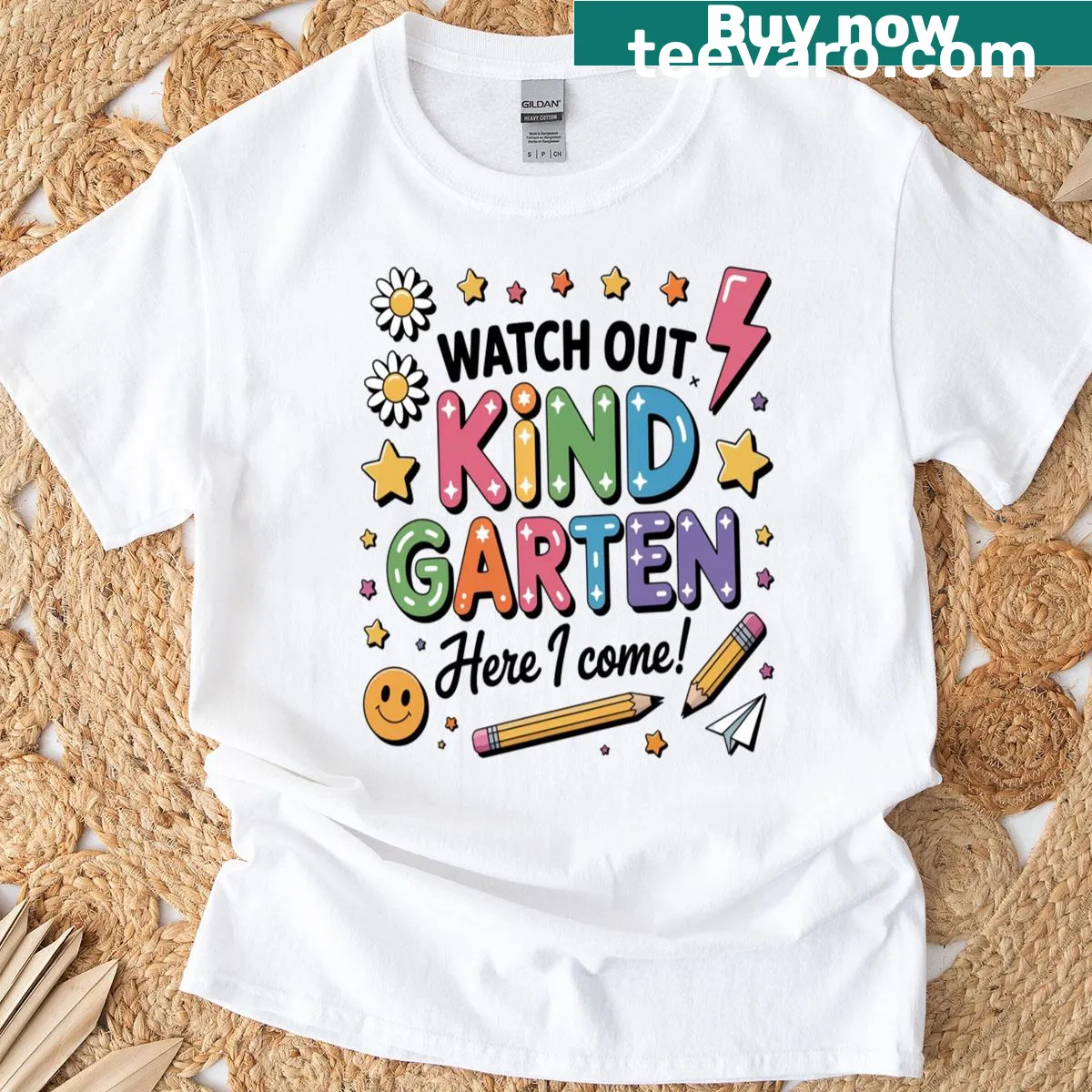 Back to school T-shirt with 'Watch Out Kindergarten Here I Come' text — on a men's t-shirt
