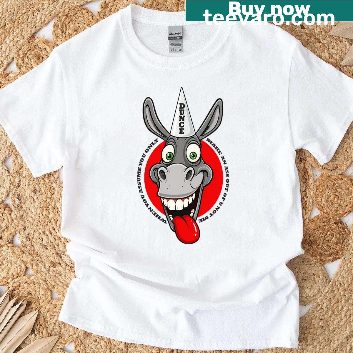Oversized t-shirt with humorous saying about assumptions — on a men's t-shirt