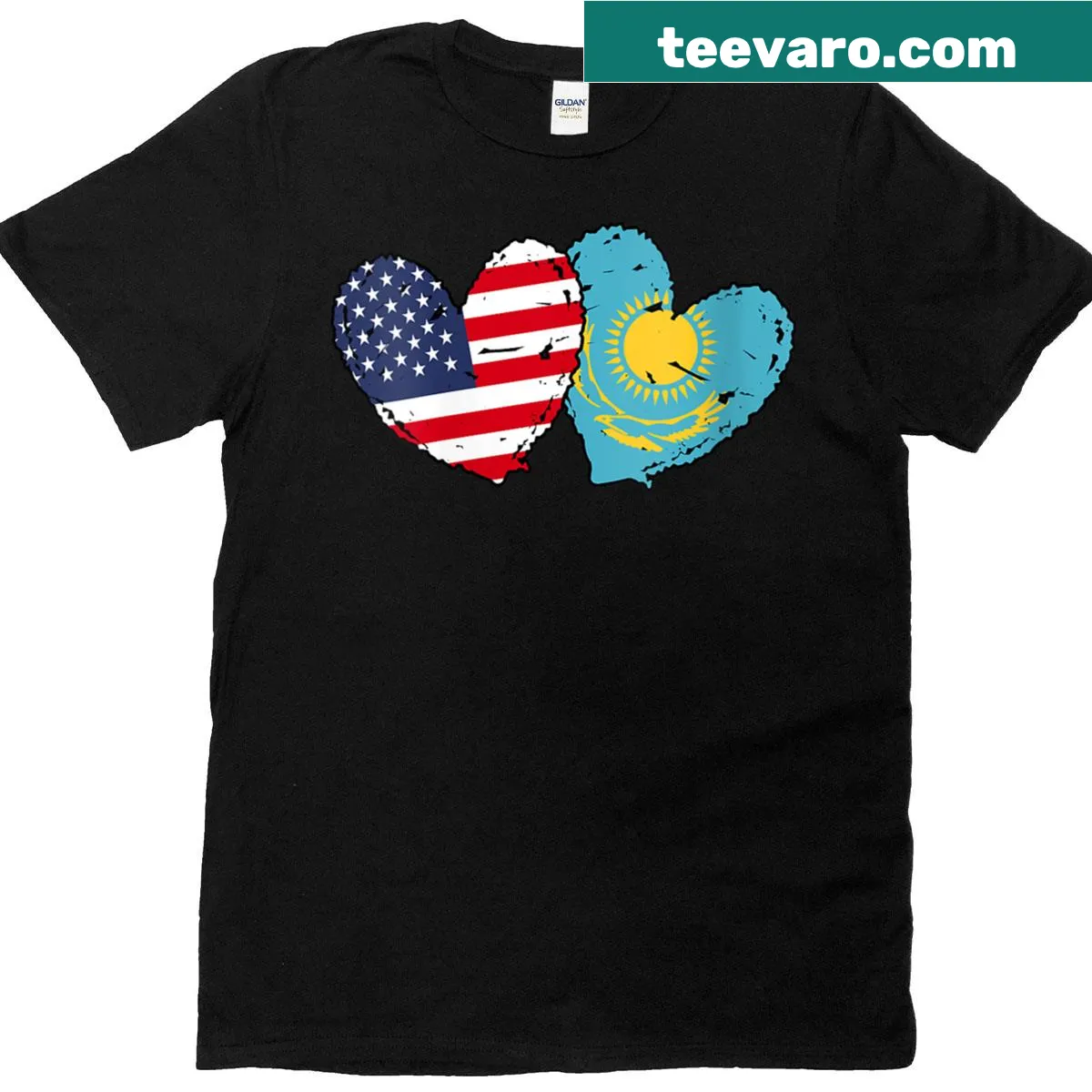 Heart design with American and Kazakh flags on women's T-shirt — on a men's t-shirt