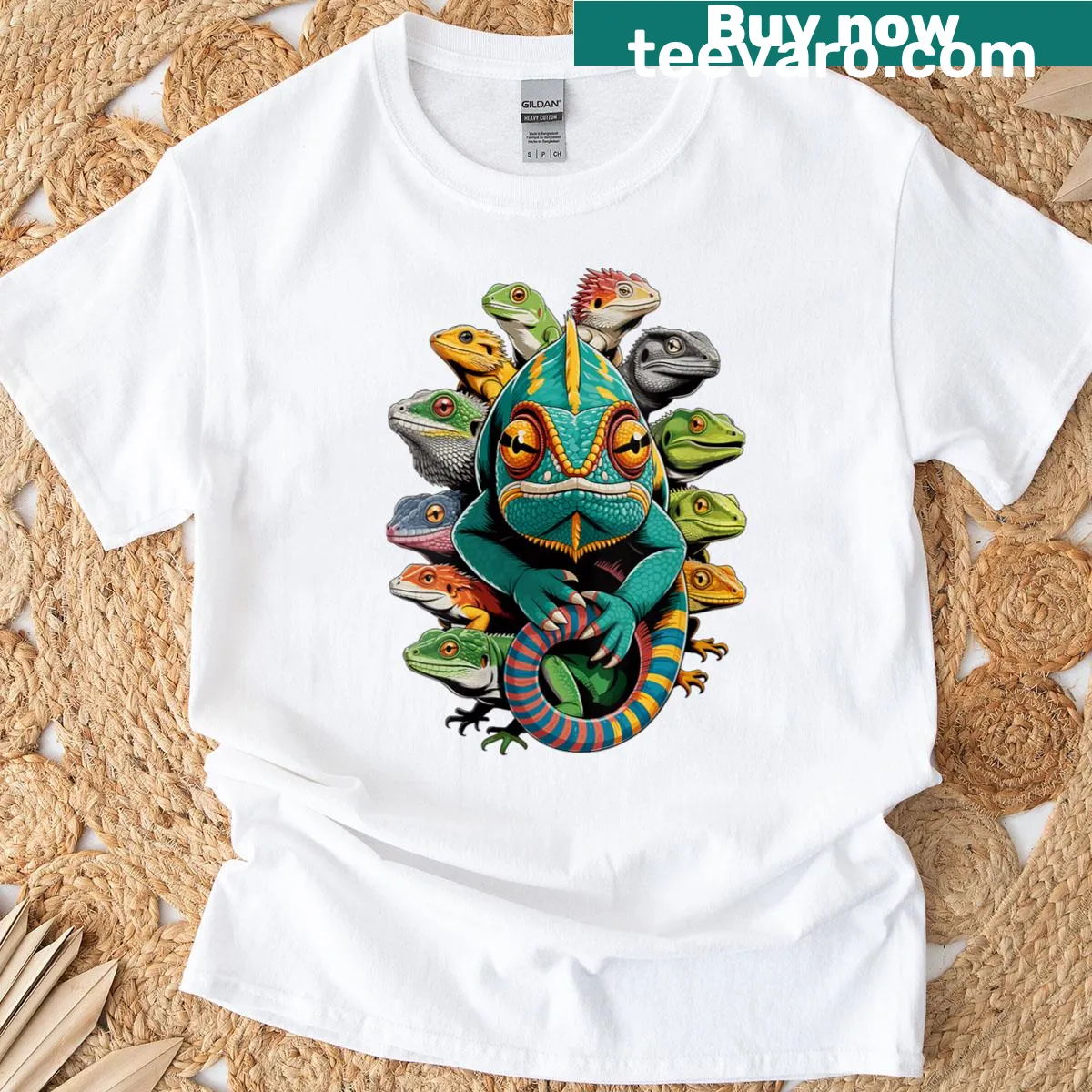 Illustration of colorful geckos and chameleons on a t-shirt. — on a men's t-shirt