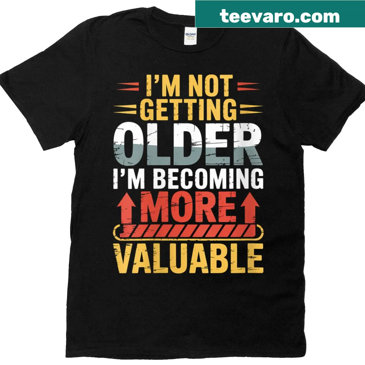 Birthday T-shirt with text 'I'm not getting older, I'm becoming more valuable' — on a men's t-shirt