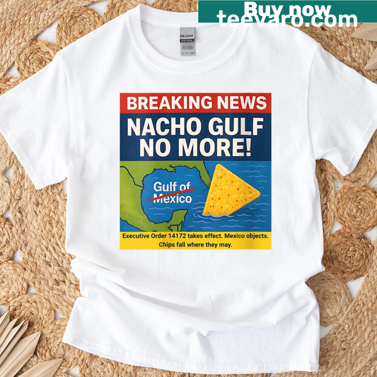 Satirical political art t-shirt featuring nachos and breaking news theme. — on a men's t-shirt