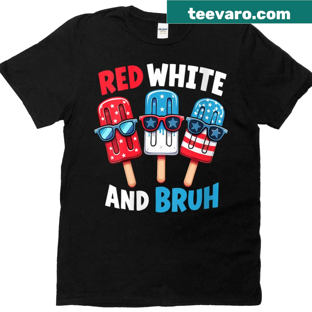 Patriotic T-shirt with popsicles and American flag design for the Fourth of July — on a men's t-shirt