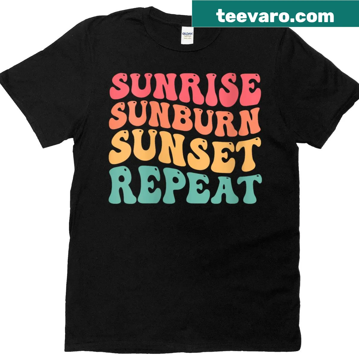 Typography shirt depicting sunrise, sunburn, and sunset for summer vibes — on a men's t-shirt