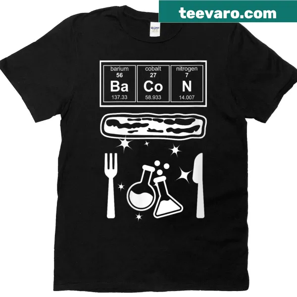 Funny T-shirt with 'The Magic Of Bacon' slogan and chemistry theme