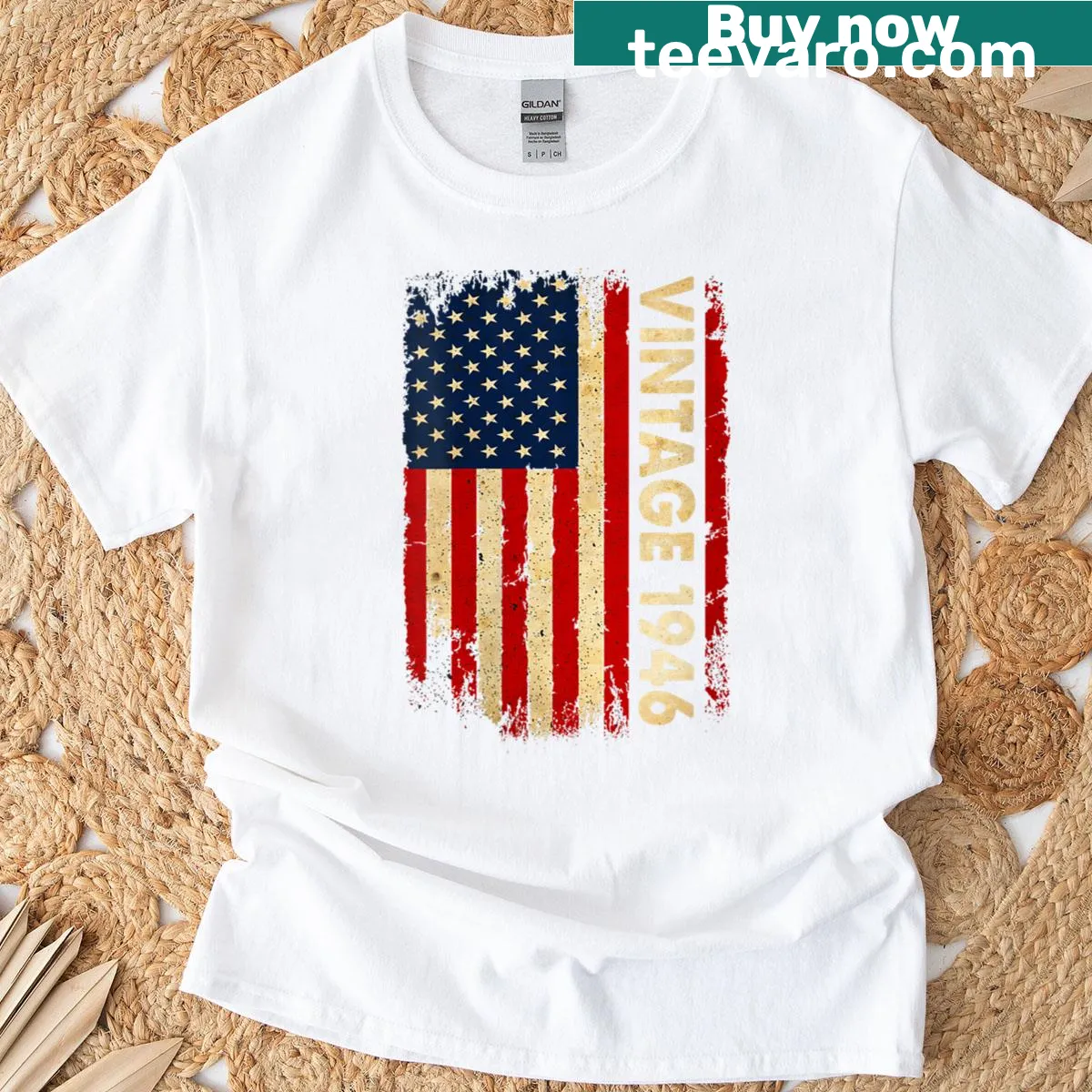 Vintage 80th birthday T-shirt with 1946 American Flag design — on a men's t-shirt