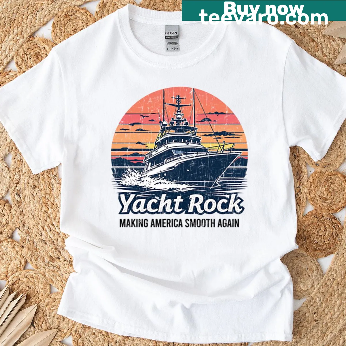 Retro yacht rock T-shirt with faded 70s music graphics — on a men's t-shirt