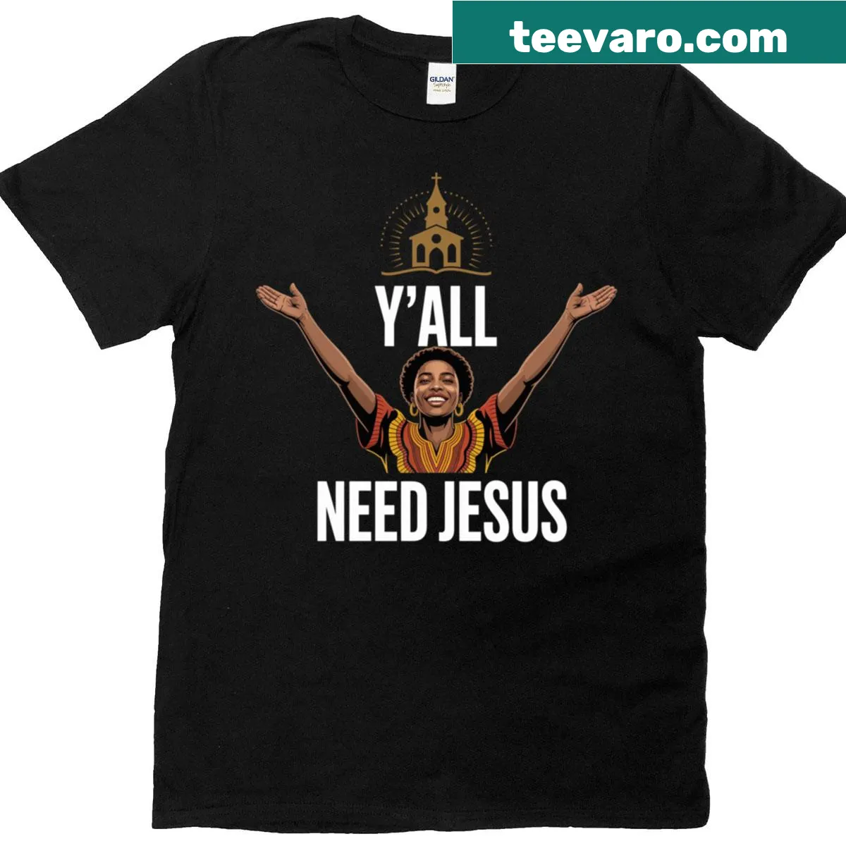 Inspirational T-shirt with 'Y'all Need Jesus' text — on a men's t-shirt