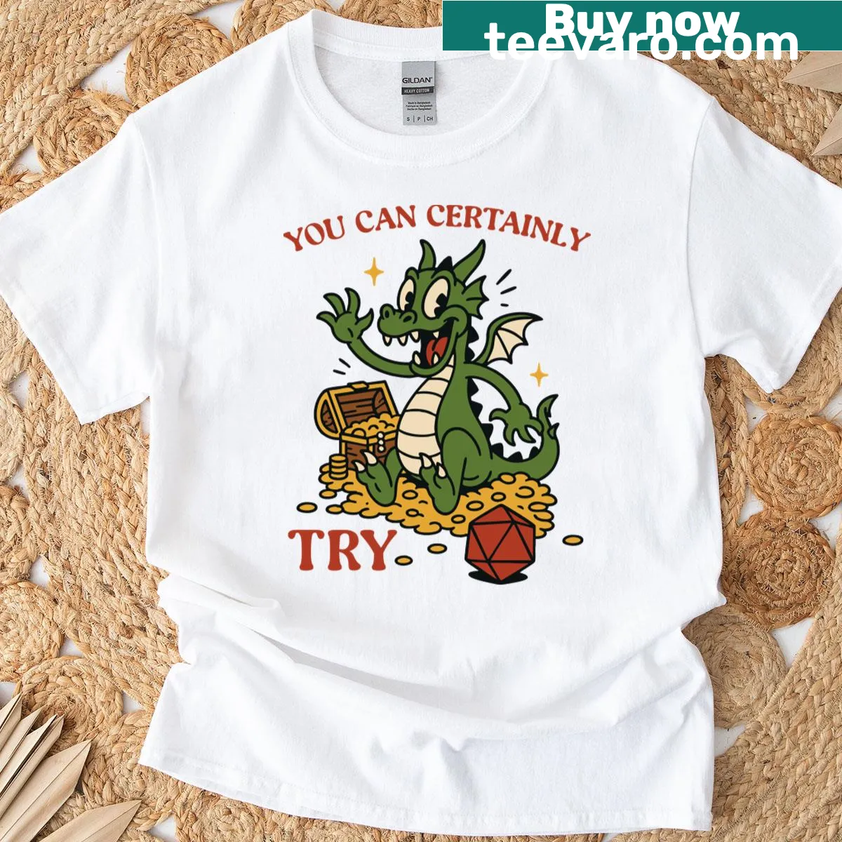 Graphic T-shirt featuring a playful green dragon and text. — on a men's t-shirt