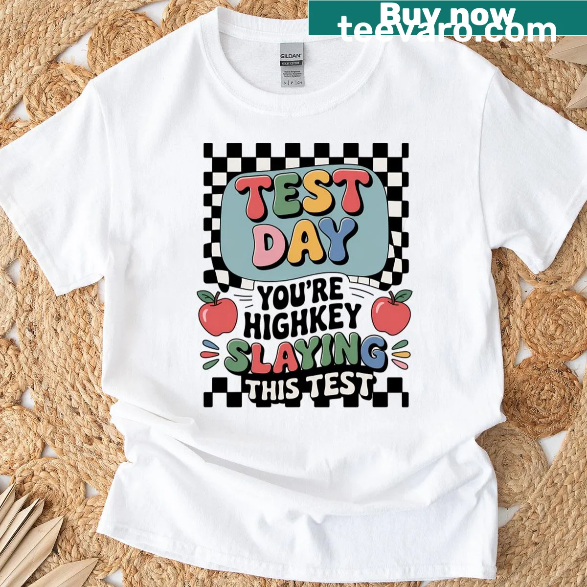 Teacher T-shirt with motivational text about test day. — on a men's t-shirt
