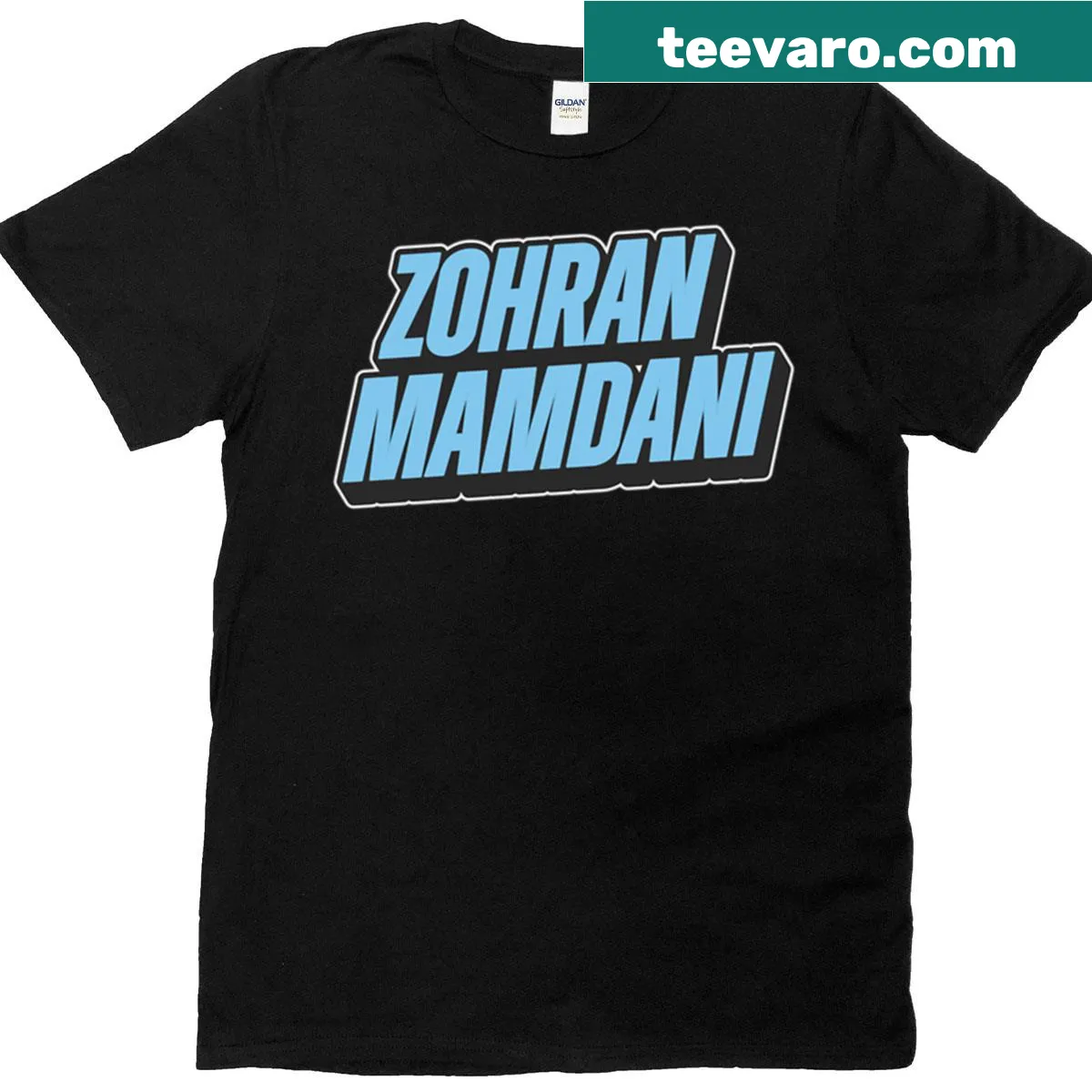 Blue vintage italic vertical text sticker t-shirt with Zohran Mamdani — on a men's t-shirt