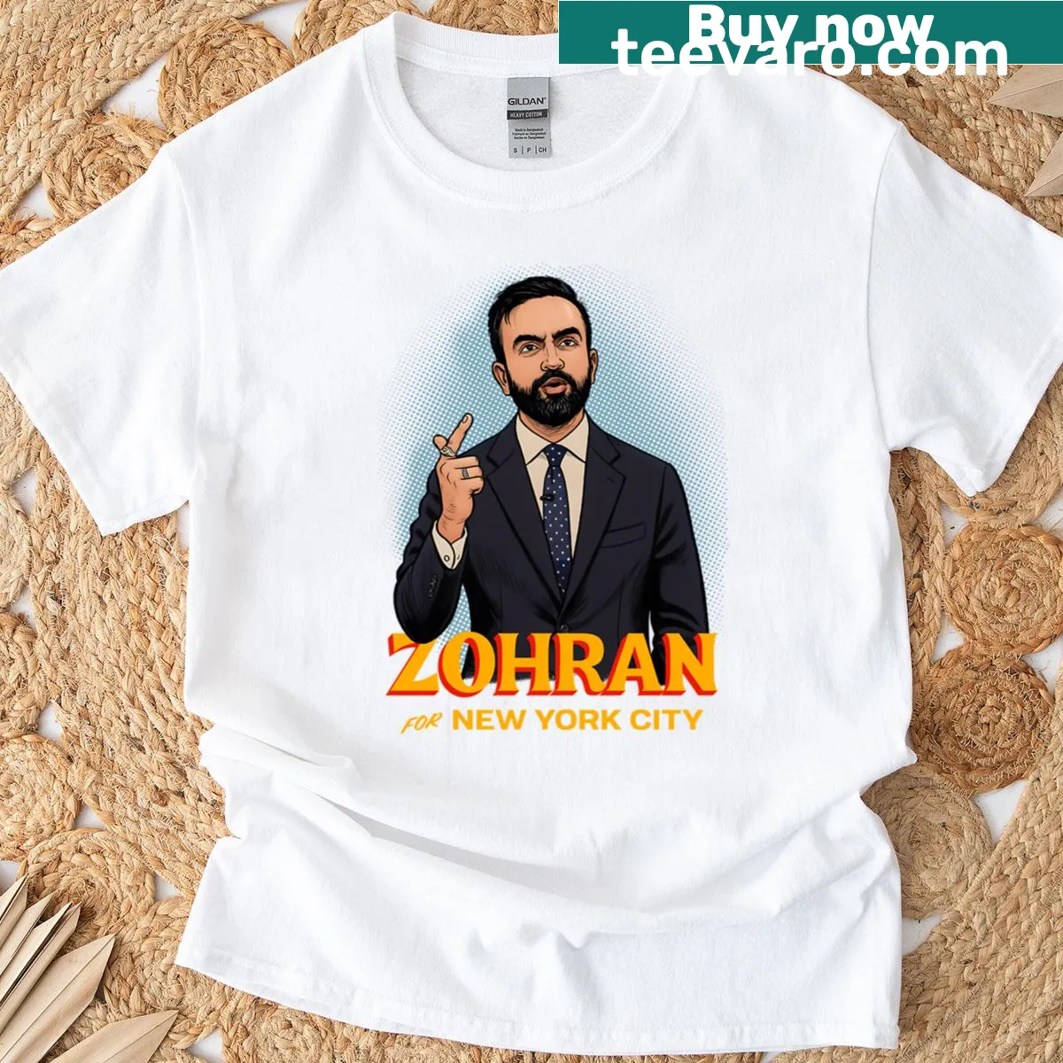 T-shirt featuring a whimsical comic character design of Zohran Mamdani — on a men's t-shirt