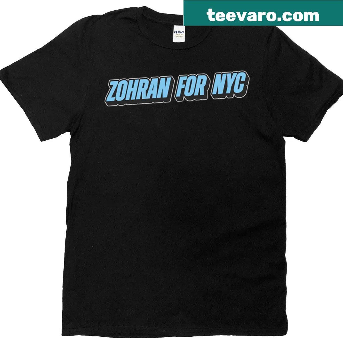 Blue text sticker t-shirt featuring Zohran Mamdani and 'For NYC' — on a men's t-shirt
