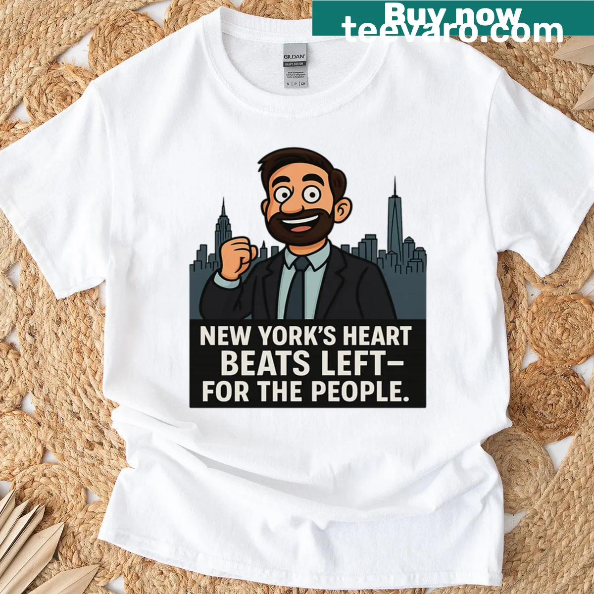 Oversized t-shirt featuring a political illustration inspired by Zohran Mamdani — on a men's t-shirt